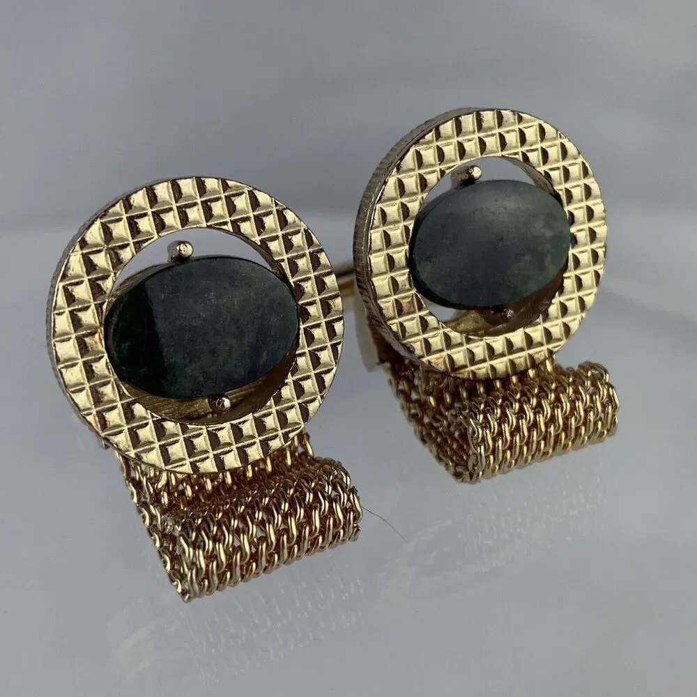 Green Jade Mesh Wrap Gold Tone Cufflinks Quilted Diamond Plate Round Vintage N1